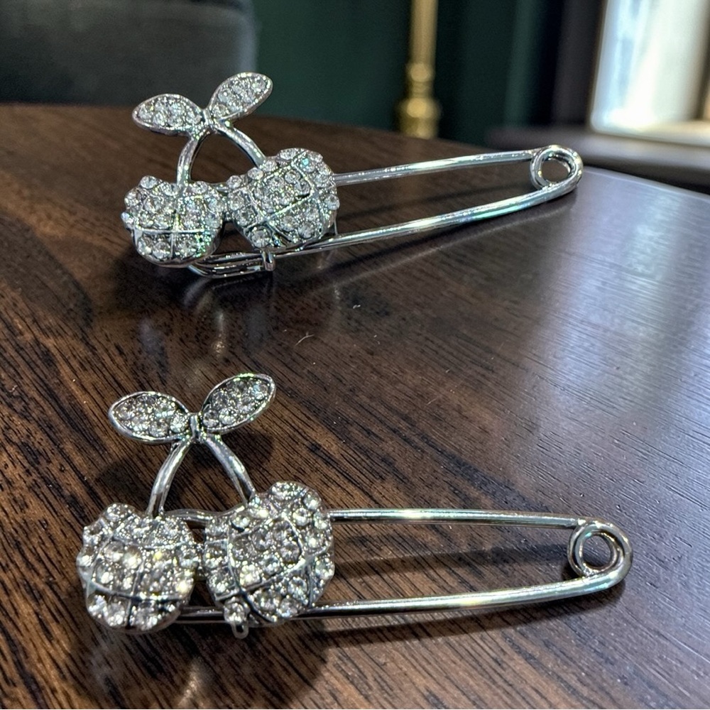 Set of 2 Silver-Toned Cherry Safety Pin Brooches with Rhinestones